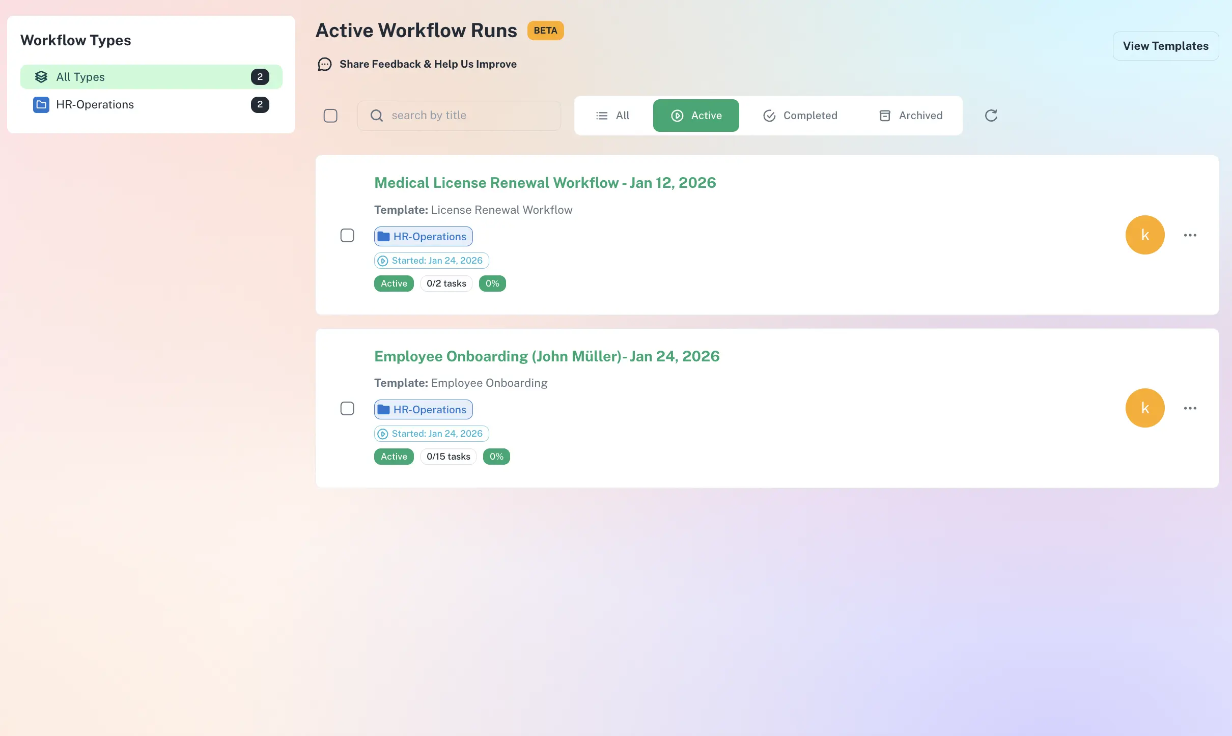 ExpiryEdge active workflow run showing sections, completed and pending steps, and real-time progress indicators