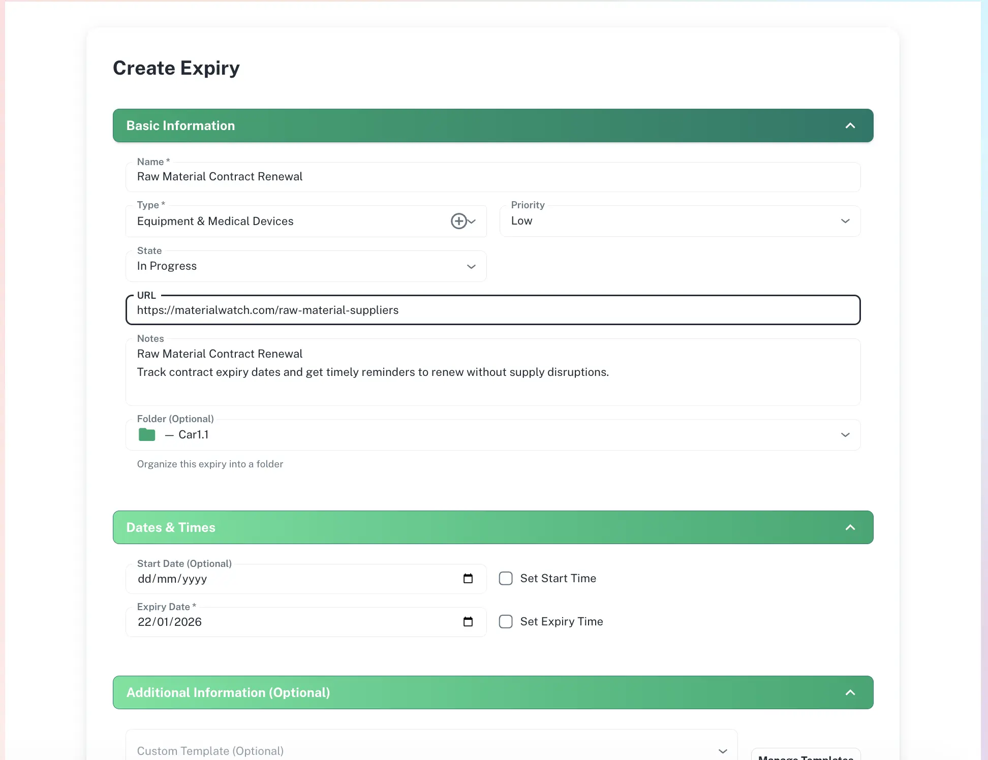 ExpiryEdge add expiry form for creating a new tracked record with reminder schedule