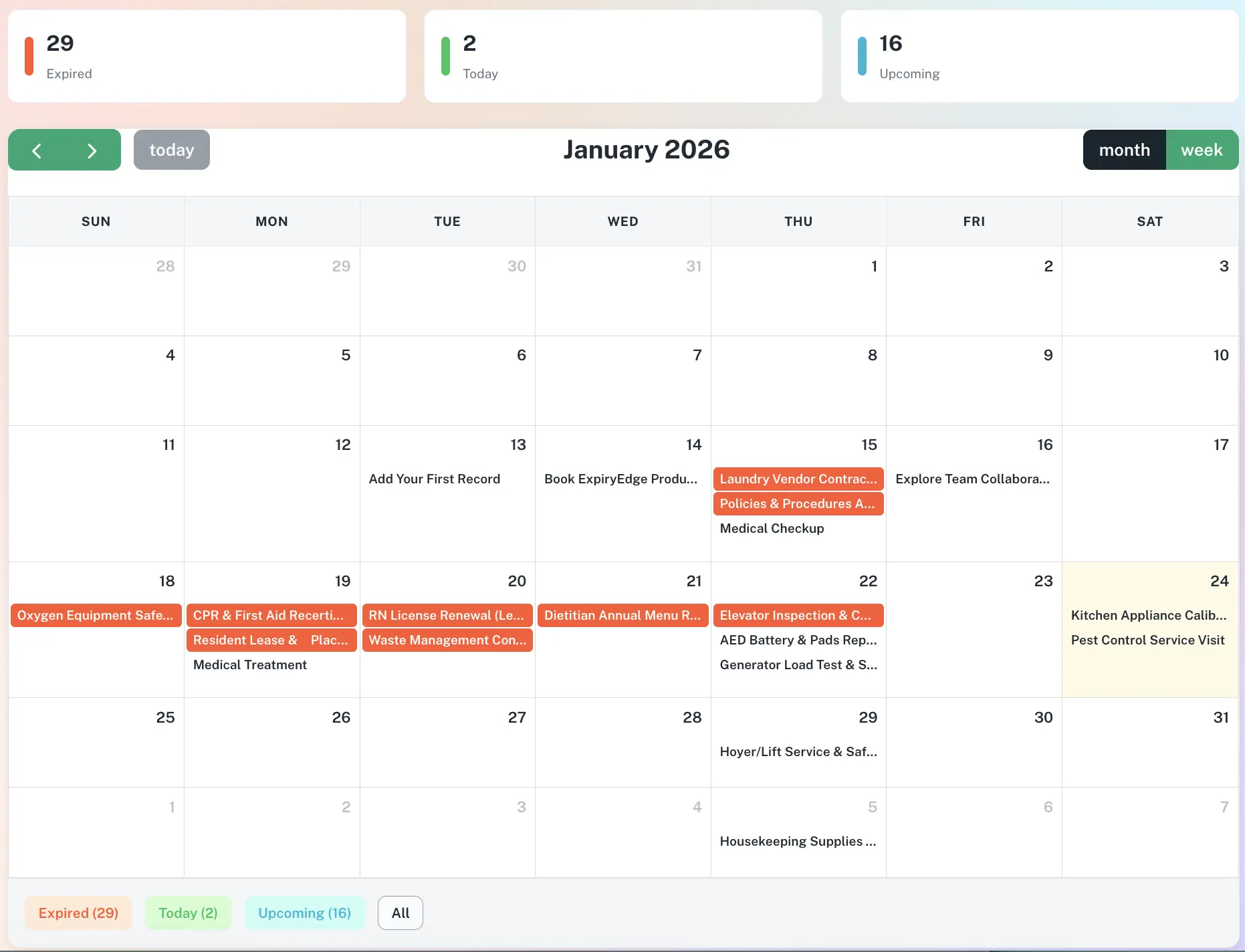 ExpiryEdge calendar view showing expiry deadlines spread across days with colour-coded status