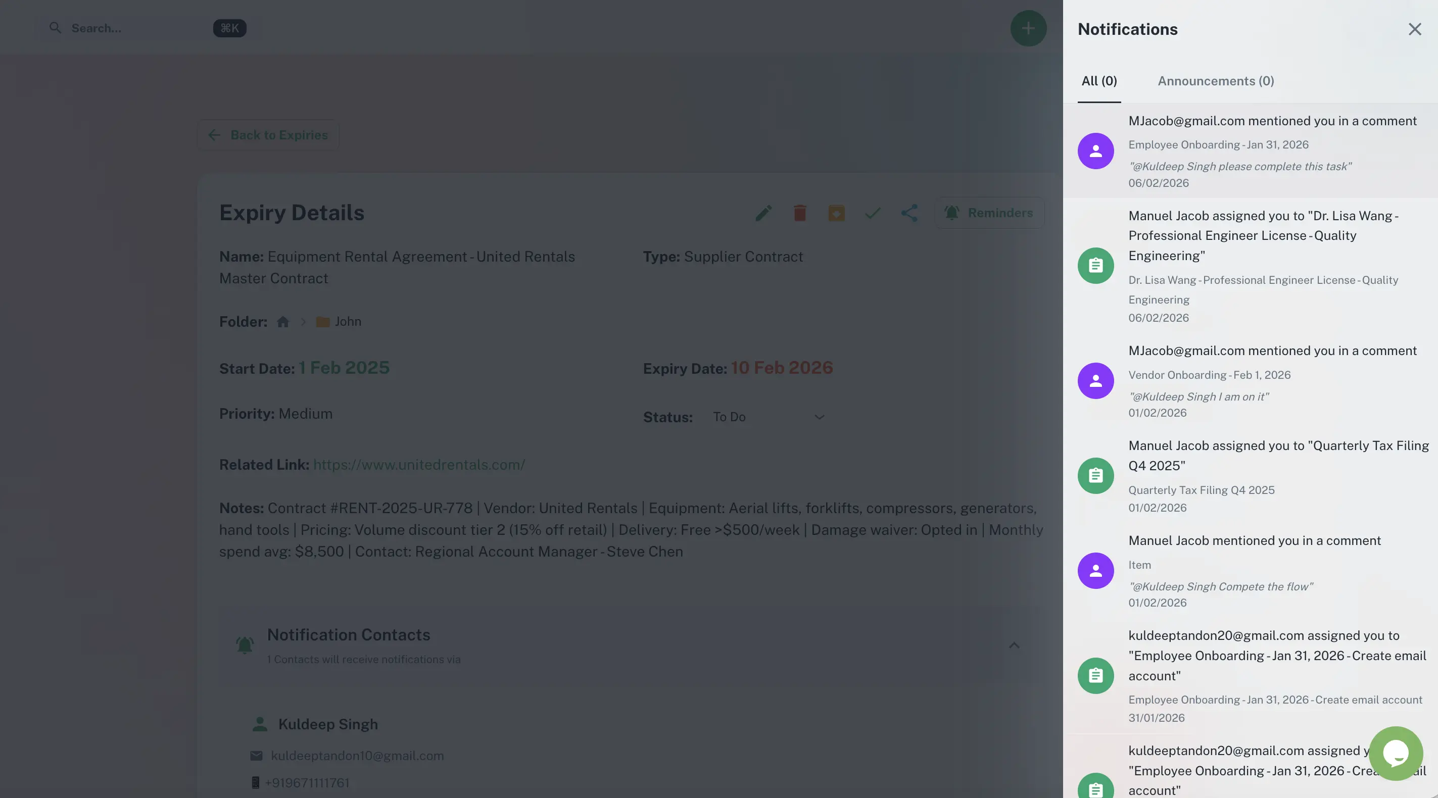 ExpiryEdge event notifications panel showing delivered alerts across channels