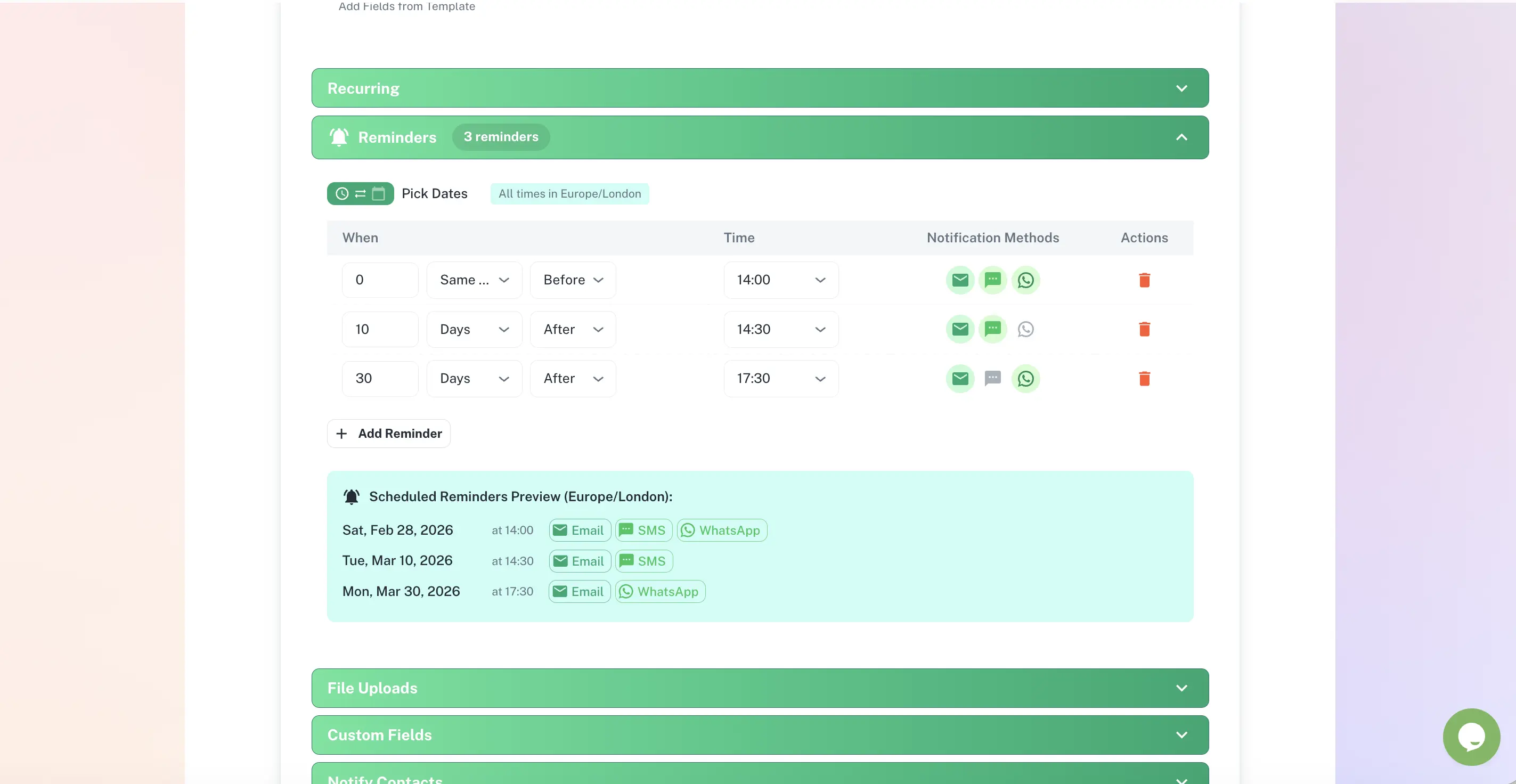 Automated reminder configuration panel with Email, SMS, and WhatsApp channel selectors