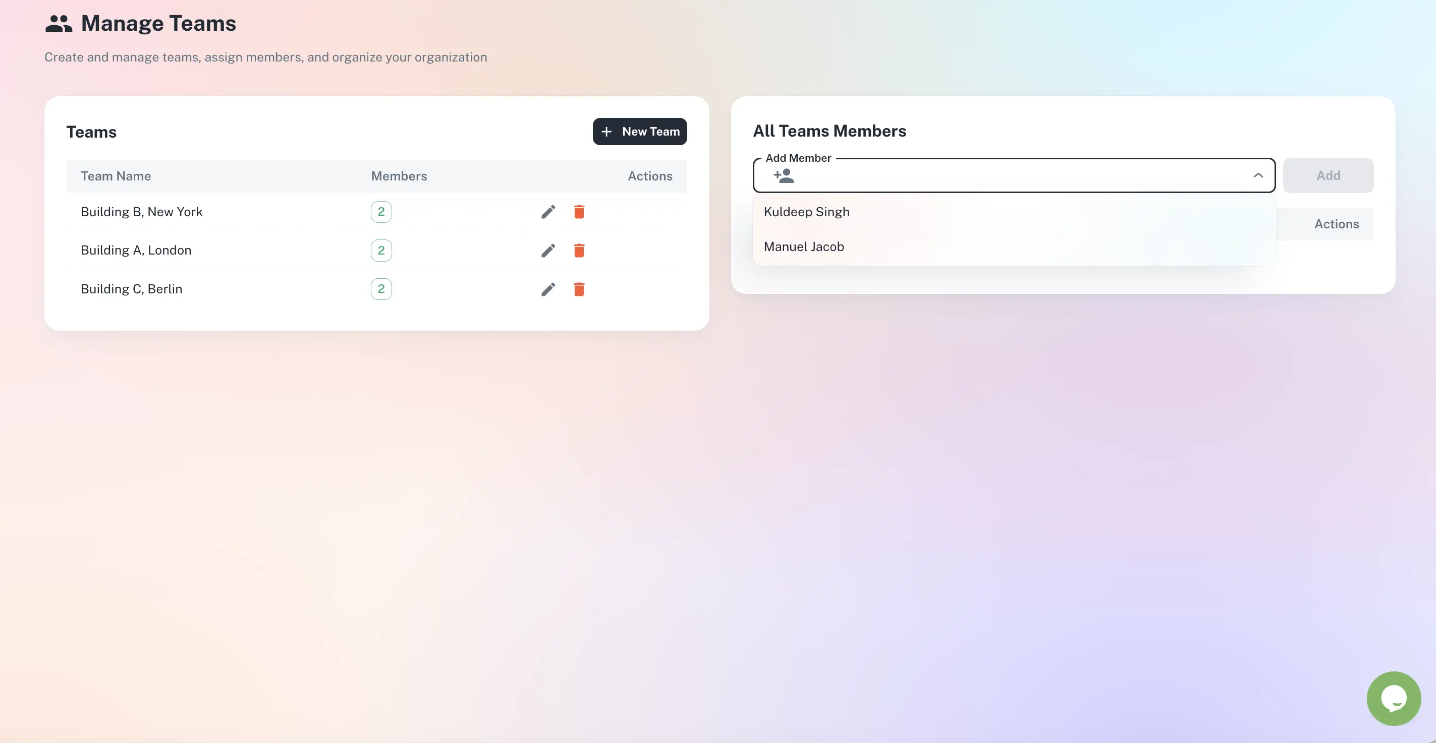 ExpiryEdge team management screen showing teams, members and their assigned responsibilities