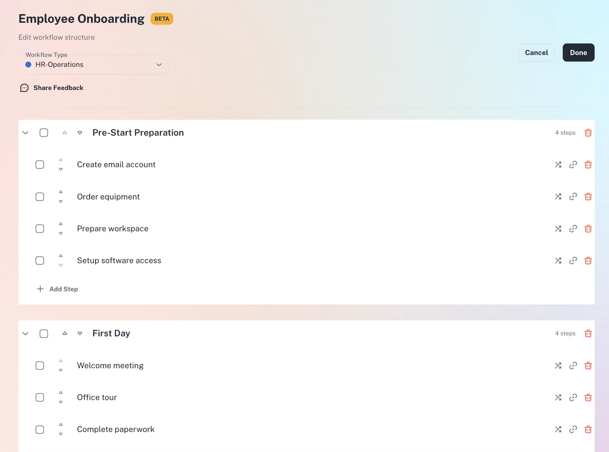 ExpiryEdge workflow builder showing sections and steps being created for an SOP