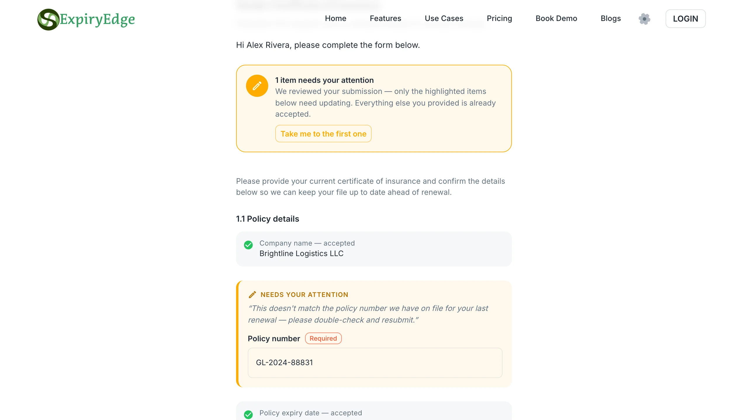 ExpiryEdge review screen showing approve and reject controls on each submitted field with a comment
