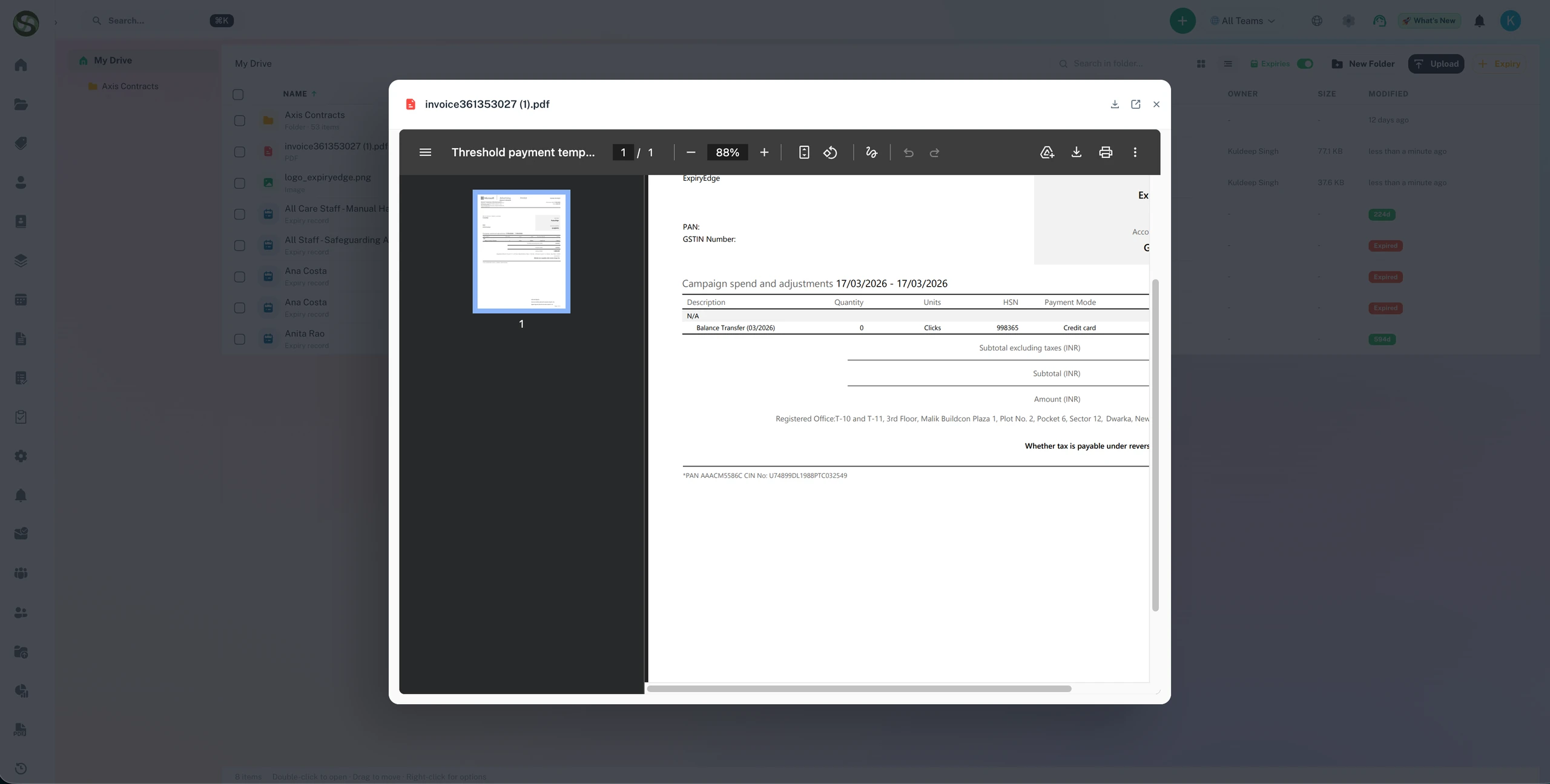 ExpiryEdge document upload interface showing attached files linked to an expiry record