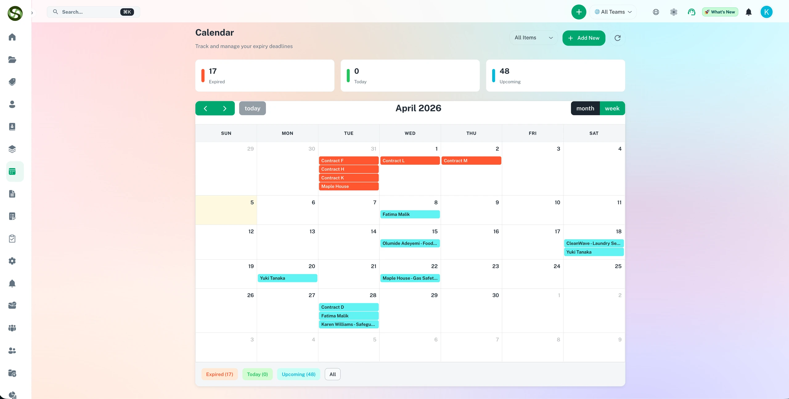 ExpiryEdge calendar view showing expiry deadlines across days with colour-coded status indicators