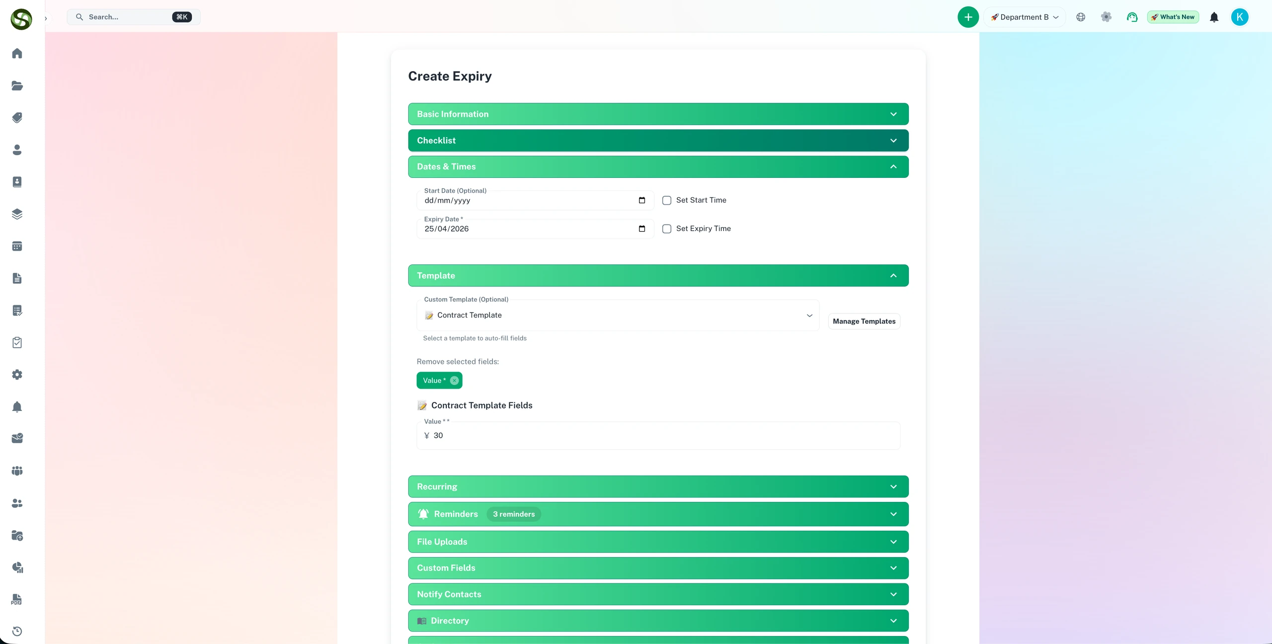 ExpiryEdge advanced options showing custom template attachment when creating an expiry