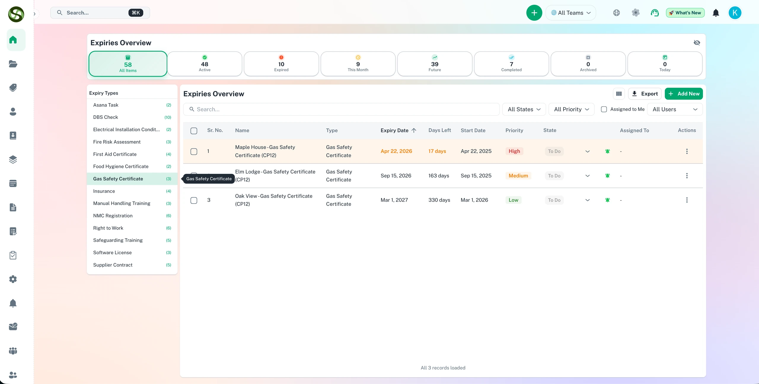 ExpiryEdge dashboard filter showing expiry records filtered by category or type such as contracts, licences, and permits