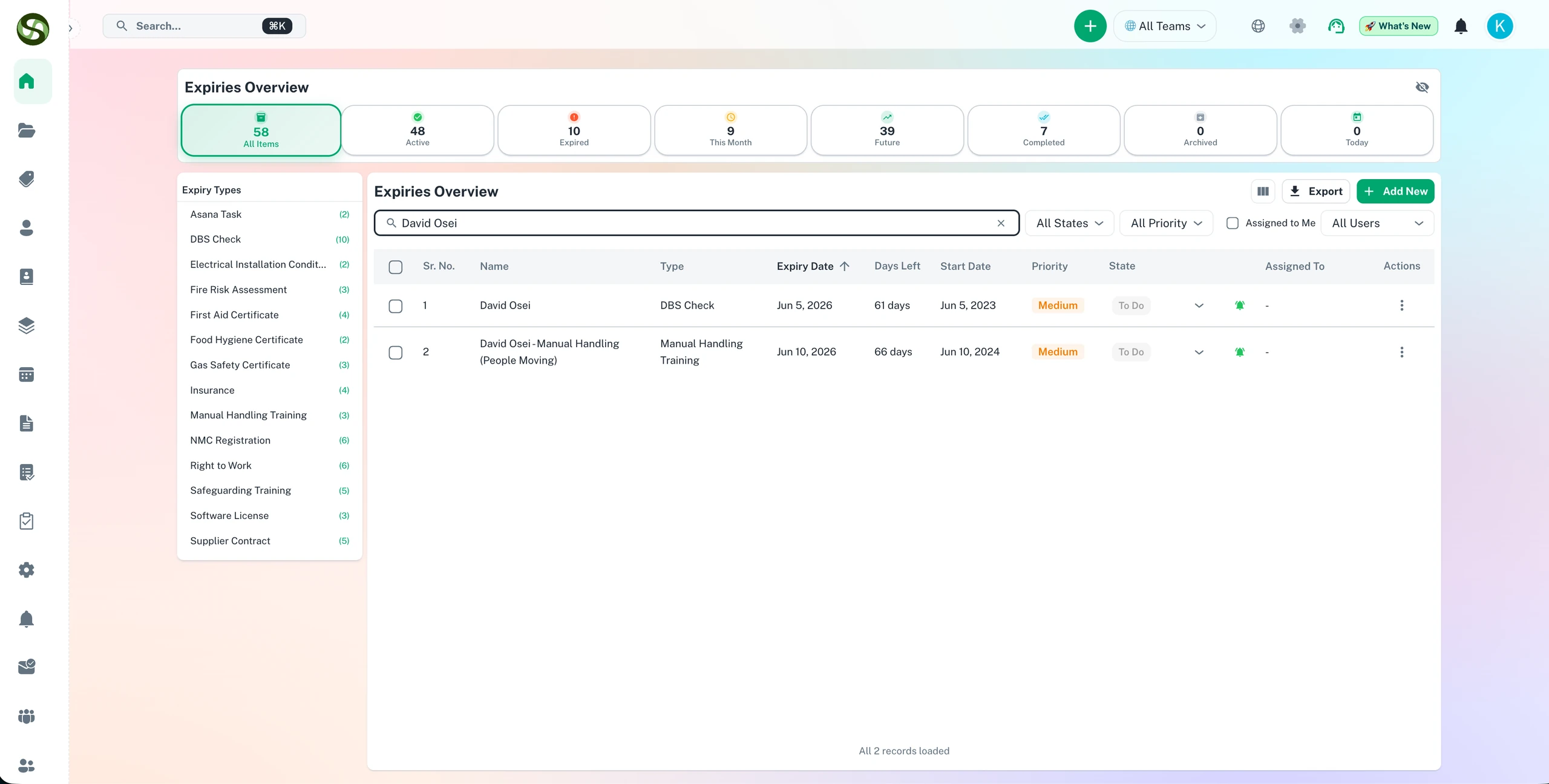 ExpiryEdge dashboard search bar showing instant search results filtering expiry records by name