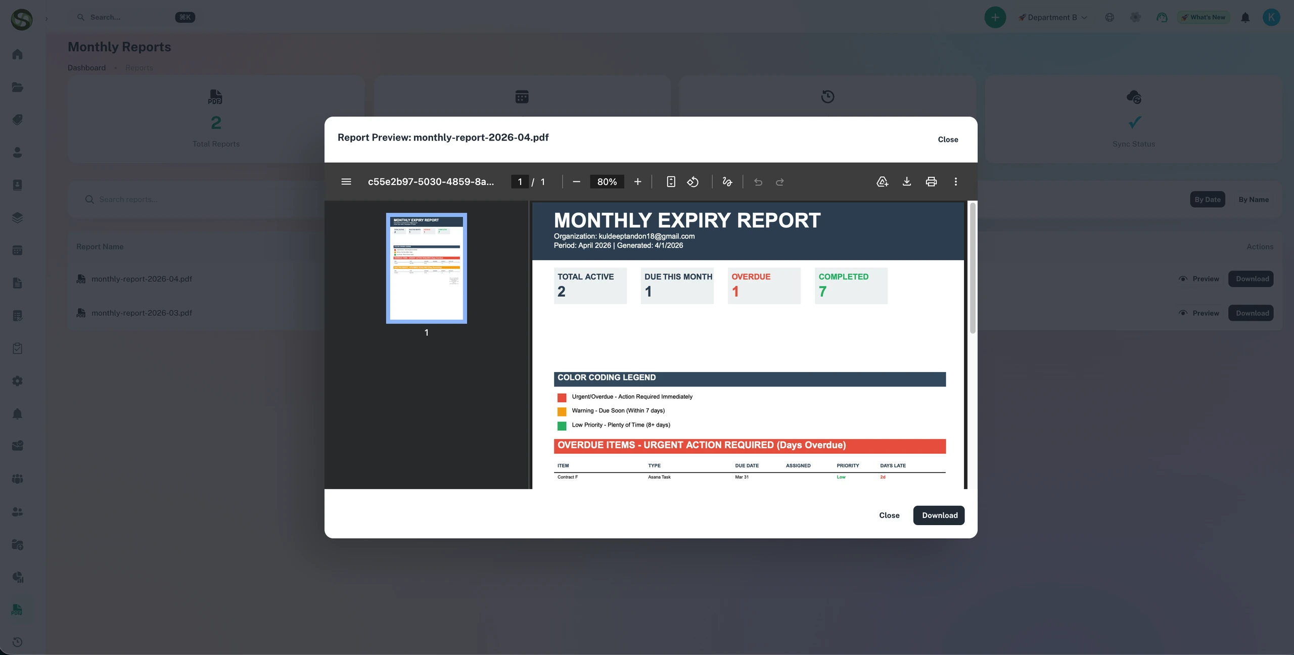 ExpiryEdge in-app PDF preview of monthly compliance report showing all tracked items with status and deadline summary