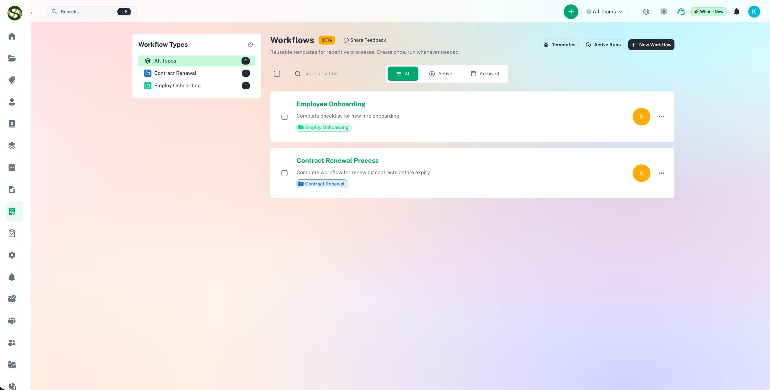 ExpiryEdge workflow list showing all active and completed workflow runs with progress status and assigned team members