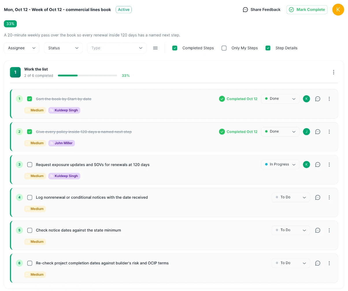 ExpiryEdge workflow run for a weekly insurance renewal review: sort by start-by date, assign next steps, request exposure updates, log notices and re-check project dates, with owners and 33 percent done